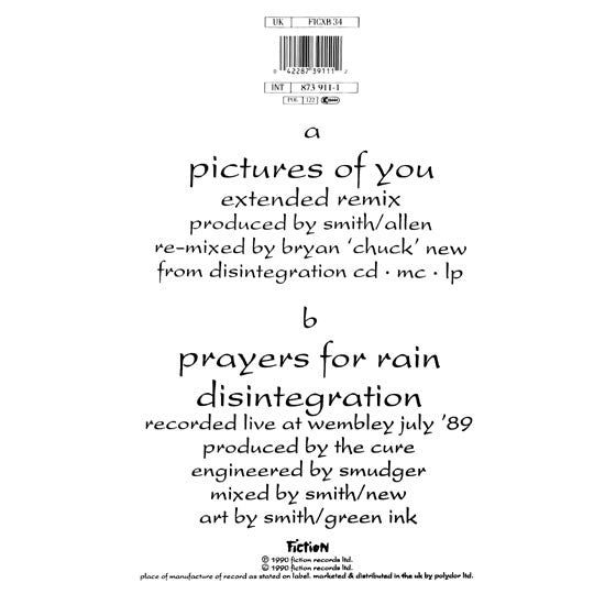 Image of Back Cover of 12" - VG/VG+ - THE CURE, Pictures Of You (Strange Remix) (Fiction Records; FICXB 34, UK 1990, Stickered Sleeve, aka "Extended Dub Mix" on Mixed Up), A few hairlines, wear on opening edge,  - 3446017S