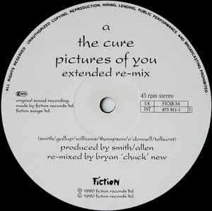Image of Label Cover of 12" - VG/VG+ - THE CURE, Pictures Of You (Strange Remix) (Fiction Records; FICXB 34, UK 1990, Stickered Sleeve, aka "Extended Dub Mix" on Mixed Up), A few hairlines, wear on opening edge,  - 3446017S