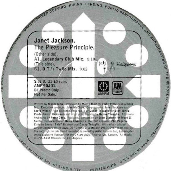 Image of Back Cover of 2x12" - VG/VG+ - JANET JACKSON, The Pleasure Principle (The Danny Tenaglia Remixes) (AM:PM; AMPMDJ 31, UK 1996, Promo, Picture Sleeve), Sleeve creased and worn on edges.,  - 3416036C