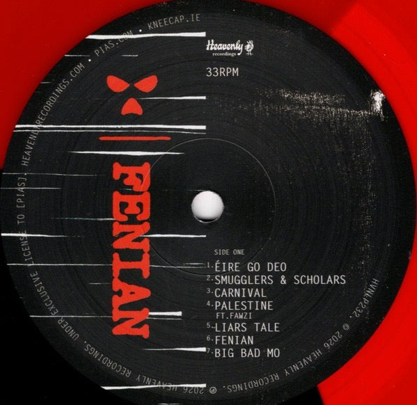 Image of Back Cover of LP - VG+/G+ - KNEECAP, Fenian (Heavenly Recordings; HVNLP232C, USA & Europe 2026, Stickered Plastic Sleeve, Inner & Insert, Red & Black Tri-Colour Vinyl), Vinyl has lots of marks from storage.,  - 3416020C