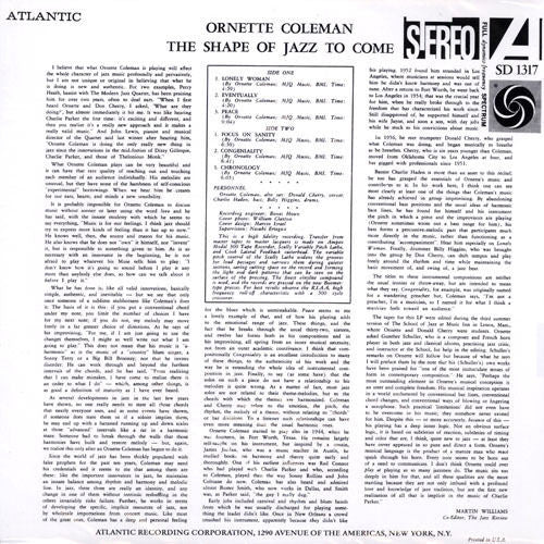 Image of Back Cover of LP - VG+/VG - ORNETTE COLEMAN, The Shape Of Jazz To Come (Rhino Vinyl; R1-1317, US 2010 Reissue), ,  - 3426042E