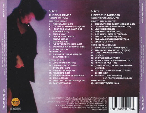 Image of Back Cover of 2xCD - VG+/VG+ - THELMA HOUSTON, The Devil In Me / Ready To Roll / Ride To The Rainbow / Reachin  All Around (SoulMusic Records; SMCR 5176D, UK 2018, Double CD Case), Opened Instore,  - 3416059C
