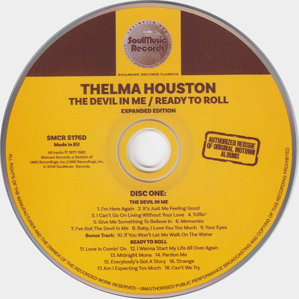 Image of Label Cover of 2xCD - VG+/VG+ - THELMA HOUSTON, The Devil In Me / Ready To Roll / Ride To The Rainbow / Reachin  All Around (SoulMusic Records; SMCR 5176D, UK 2018, Double CD Case), Opened Instore,  - 3416059C