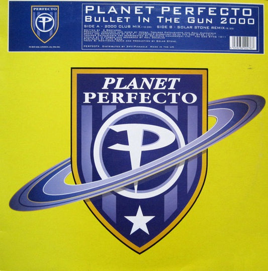 Image of Front Cover of 12" - VG/VG - PLANET PERFECTO, Bullet In The Gun 2000 (Perfecto; PERF03TX, UK 2000, Picture Sleeve), Light marks and hairlines. Sleeve has sticker mark on top right hand side and small split to spine.,  - 3416045C