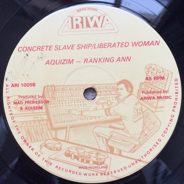 Image of Label Cover of 12" - VG/G+ - AQUIZIM / RANKING ANN, True True Loving / Concrete Slave Ship / Liberated Woman (Ariwa; ARI 1005, UK 1982, Company Sleeve), Quite a few marks, bit of crackle throughout. Clean labels. In company sleeve.,  - 3416152C