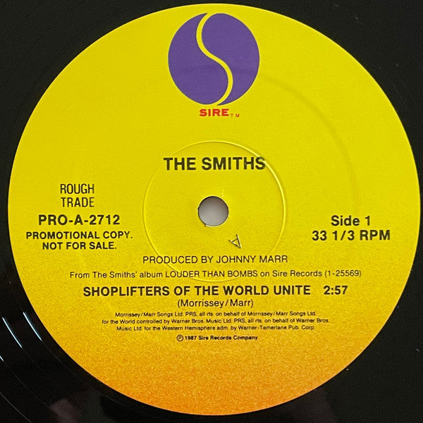 Image of Back Cover of 12" - VG/VG+ - THE SMITHS, Shoplifters Of The World Unite (Sire ; PRO-A-2712, US 1987, Rare US Promo Copy, Picture Sleeve), Very light edge wear, strong VG sleeve. Pristine disc.,  - 3446086S