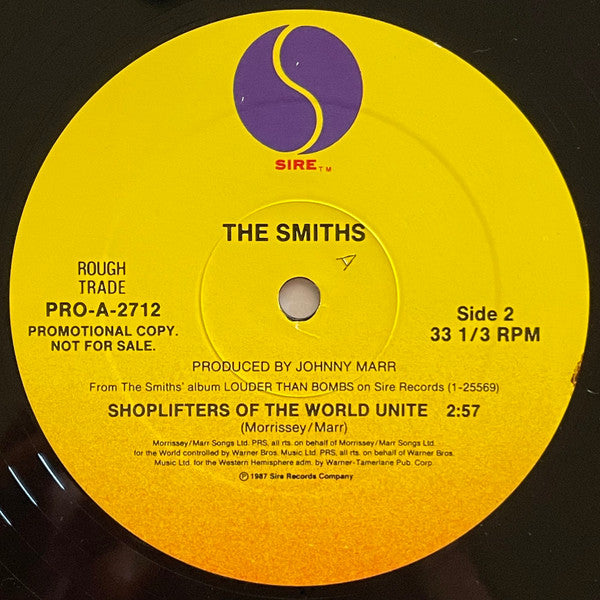 Image of Label Cover of 12" - VG/VG+ - THE SMITHS, Shoplifters Of The World Unite (Sire ; PRO-A-2712, US 1987, Rare US Promo Copy, Picture Sleeve), Very light edge wear, strong VG sleeve. Pristine disc.,  - 3446086S