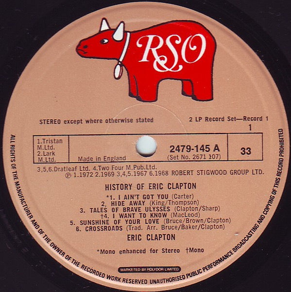 Image of Label Cover of 2xLP - VG/VG+ - ERIC CLAPTON, History Of Eric Clapton (RSO; 2671 107, UK 1970s Reissue, Gatefold), Clean glossy discs, Super light ring wear,  - 3416081C