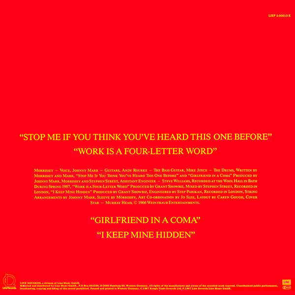 Image of Back Cover of 12" - VG/VG+ - THE SMITHS, Stop Me If You Think You've Heard This One Before (Line Records; LMS 3.00013, Germany 1987, Picture Sleeve, Luminous Orange Vinyl), Still in shrinkwrap with light wear to sleeve. Beautiful disc, essentially NM.,  - 3446089S