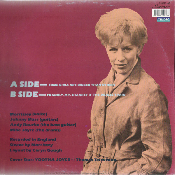 Image of Back Cover of 12" - VG/VG+ - THE SMITHS, Some Girls Are Bigger Than Others (Zensor; 6.20628 AE, Germany 1986, Picture Sleeve, No Comma After "Frankly" on B-Side Label), Edge and ring wear with sticker ghost. Lovely disc.,  - 3446092S