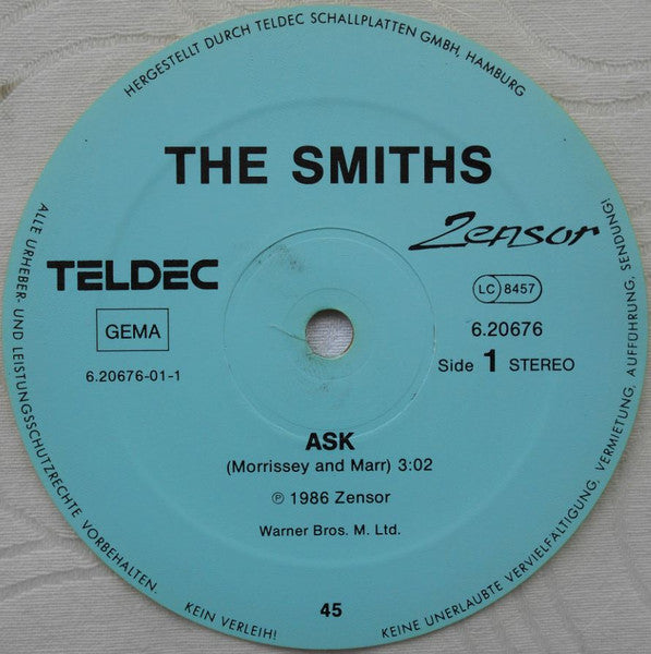 Image of Label Cover of 12" - G/VG - THE SMITHS, Ask (Zensor; 6.20676, Germany 1986, Picture Sleeve, Clear Vinyl), Sleeve is water damaged and torn bottom rear where its stuck to another record. Fine light marks.,  - 3416434C