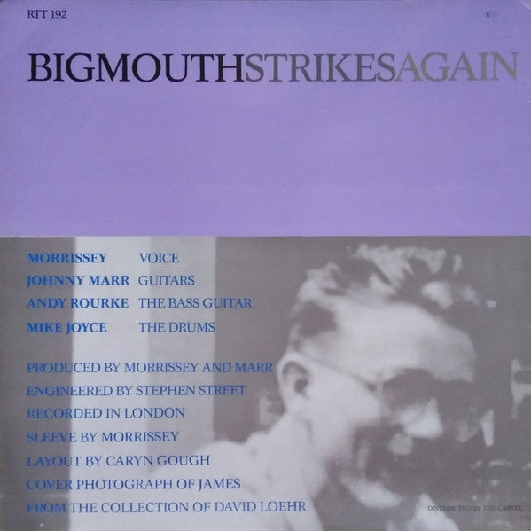 Image of Back Cover of 12" - VG+/VG+ - THE SMITHS, Bigmouth Strikes Again (Rough Trade; RTT 192, UK 1986, Hype Stickered Picture Sleeve, Purple Die Cut Inner, EMI Pressing), Very light wear. ,  - 3446097S