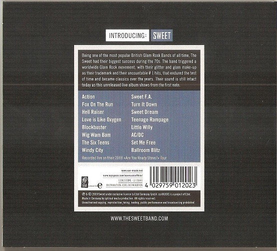 Image of Back Cover of CD - VG/VG+ - SWEET, Introducing: Sweet (Ear Music; 0201202ERE, Europe 2010 Reissue, Digipak), ,  - 3436040E