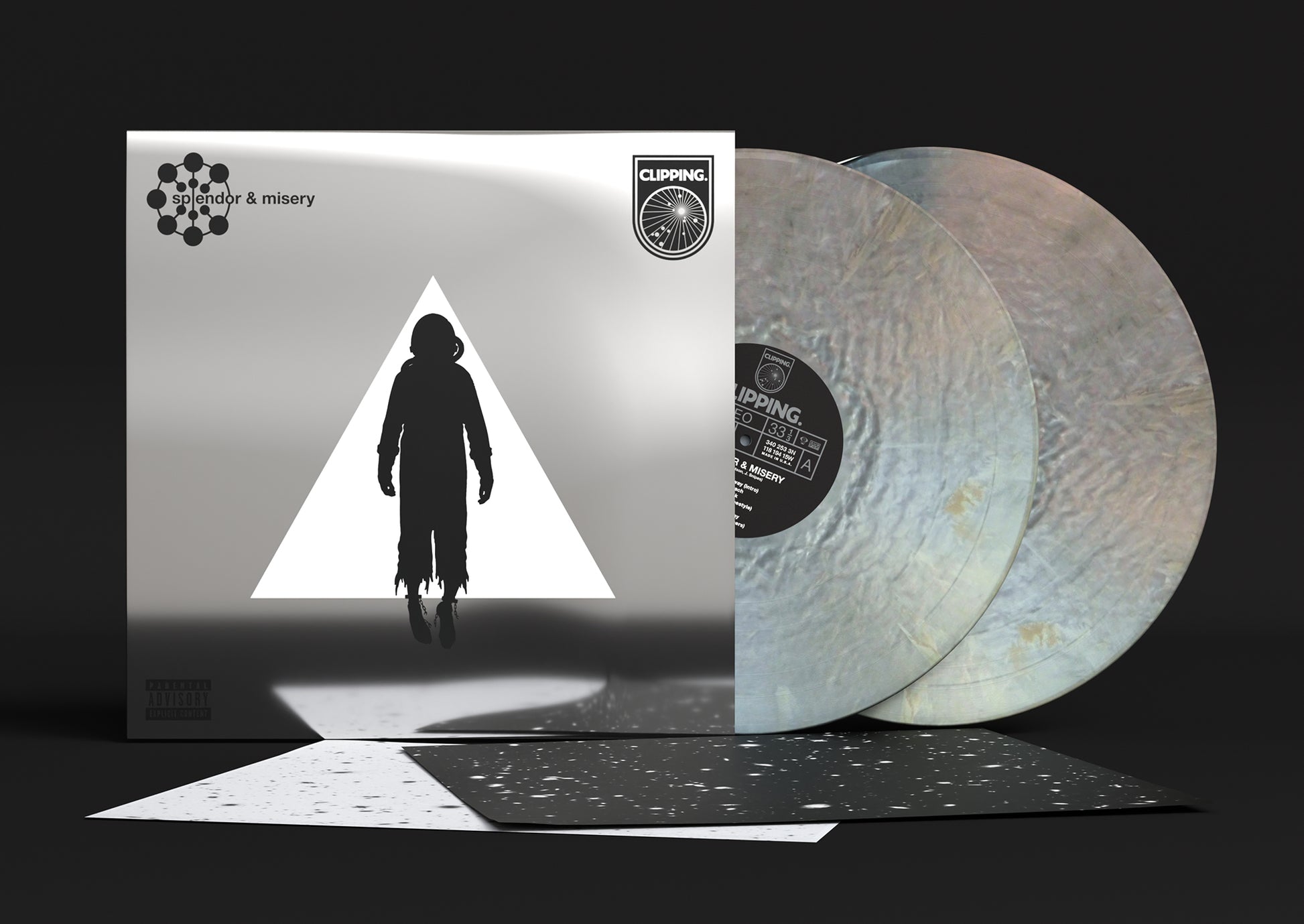 Image of Back Cover of 2xLP - NEW/NEW - CLIPPING, Splendor & Misery (Anniversary X) (Sub Pop; SP1752AE, UK 2026 Reissue, Indie Exclusive Loser Edition Metallic Silver Vinyl), , Splendor & Misery (Anniversary X) is the tenth-anniversary edition of experimental rap trio Clipping’s Hugo Award-nominated sci-fi opus. This deluxe edition features revised art, the original album, plus eight previously unreleased songs and alternate takes. - 9411132C