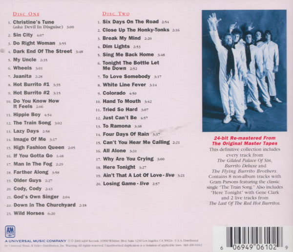 Image of Back Cover of 2xCD - VG+/VG+ - THE FLYING BURRITO BROS, Hot Burritos! The Flying Burrito Bros Anthology 1969-1972 (A&M Records; 069 490 610-2, US 2000s Reissue, Jewel Case, DIDX-162478 L4 Runout), ,  - 3416180C