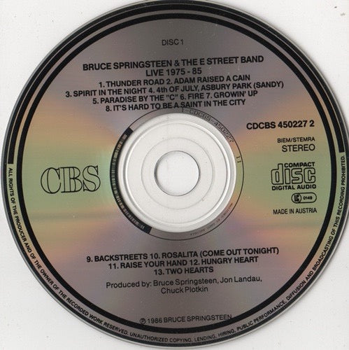 Image of Label Cover of 3xCD - VG/VG - BRUCE SPRINGSTEEN & THE E-STREET BAND, Live / 1975-85 (CBS; CDCBS 450227 2, Europe Reissue, Stickered Box Set, Booklet), ,  - 3416216C