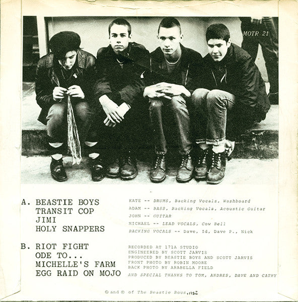 Image of Back Cover of 7" EP - VG/G+ - BEASTIE BOYS, Polly Wog Stew EP (Rat Cage Records; MOTR 21, US 1982, Picture Sleeve, First BB Release, With Kate Schellenbach On Drums.), Plays well with background noise on the run ins. Sleeve shows some edge and ring wear.,  - 3416182C