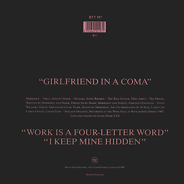 Image of Back Cover of 12" - VG/G+ - THE SMITHS, Girlfriend In A Coma (Rough Trade; RTT 197, UK 1987, Green Tint Sleeve, Black Die Cut Inner, EMI Pressing, Alternate Mastering Source), Mottling and hairlines. Light edge and ring wear, indents to sleeve.,  - 3446201S