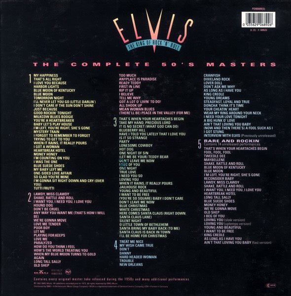 Image of Back Cover of 5xCD - VG/VG+ - ELVIS PRESLEY, The King Of Rock 'N' Roll: The Complete 50's Masters (RCA; PD90689(5), Europe Reissue, Stickered Box Set, Booklet, Stamp Sheet), ,  - 3416218C
