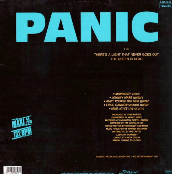 Image of Back Cover of 12" - VG/VG - THE SMITHS, Panic (TELDEC; 6.20648 AE, Germany 1986, Blue Transparent Vinyl, Blue Labels), Hairlines. Sticker damage on front of sleeve,  - 3446206S