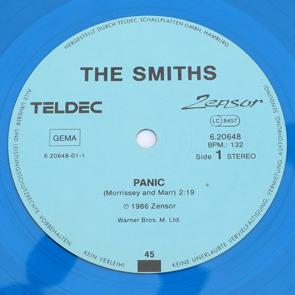 Image of Label Cover of 12" - VG/VG - THE SMITHS, Panic (TELDEC; 6.20648 AE, Germany 1986, Blue Transparent Vinyl, Blue Labels), Hairlines. Sticker damage on front of sleeve,  - 3446206S