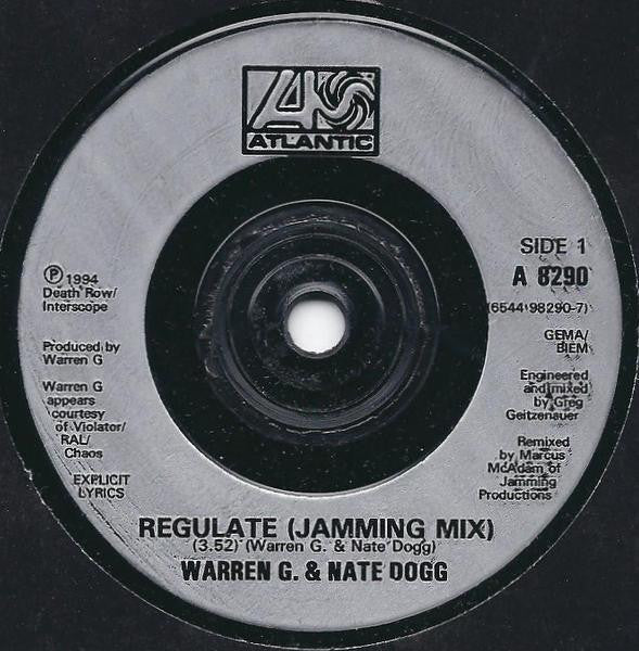 Image of Front Cover of 7" - G+/VG - WARREN G. & NATE DOGG, Regulate (Atlantic; A 8290, UK 1994, Plain Black Sleeve), Sleeve has sticker ghost on front and barcode sticker on reverse. Some creasing along opening, A	Regulate (Jamming Mix)B	Regulate (Radio Version) - 3416283C