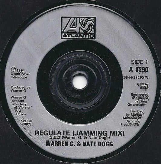Image of Front Cover of 7" - G+/VG - WARREN G. & NATE DOGG, Regulate (Atlantic; A 8290, UK 1994, Plain Black Sleeve), Sleeve has sticker ghost on front and barcode sticker on reverse. Some creasing along opening, A	Regulate (Jamming Mix)B	Regulate (Radio Version) - 3416283C