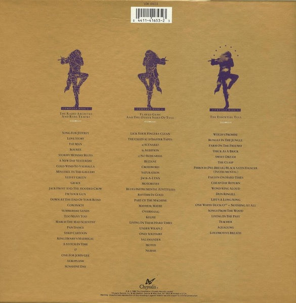 Image of Back Cover of 3xCD - VG/VG - JETHRO TULL, 20 Years Of Jethro Tull - The Definitive Collection (Chrysalis; V3K 41653, US 1988, Box Set, Booklet), Box has a small stain & some wear.,  - 3416219C
