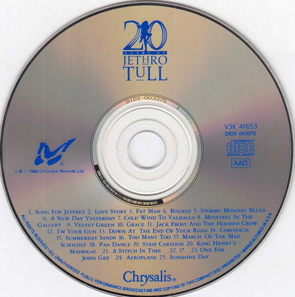 Image of Label Cover of 3xCD - VG/VG - JETHRO TULL, 20 Years Of Jethro Tull - The Definitive Collection (Chrysalis; V3K 41653, US 1988, Box Set, Booklet), Box has a small stain & some wear.,  - 3416219C
