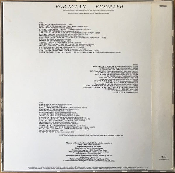 Image of Back Cover of 3xCD - VG/VG - BOB DYLAN, Biograph (CBS; CDCBS 66509, Europe 1985, Box Set, 2 Booklets, MANUFACTURED BY DADC AUSTRIA), ,  - 3416222C