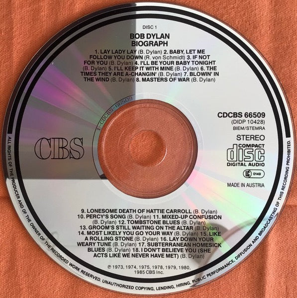 Image of Label Cover of 3xCD - VG/VG - BOB DYLAN, Biograph (CBS; CDCBS 66509, Europe 1985, Box Set, 2 Booklets, MANUFACTURED BY DADC AUSTRIA), ,  - 3416222C