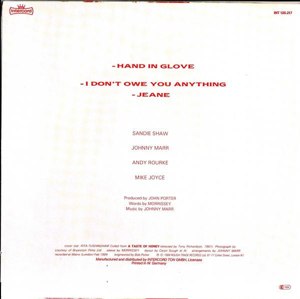 Image of Back Cover of 12" - VG/VG - SANDIE SHAW, Hand In Glove (Intercord; INT 125.217, Germany 1984, Marble Vinyl), Inaudible scratch on A side track 1, a couple of hairlines. Notch cut to spine, edge wear and creasing.,  - 3446240S