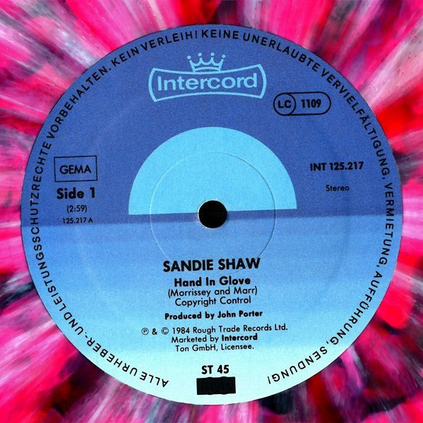Image of Label Cover of 12" - VG/VG - SANDIE SHAW, Hand In Glove (Intercord; INT 125.217, Germany 1984, Marble Vinyl), Inaudible scratch on A side track 1, a couple of hairlines. Notch cut to spine, edge wear and creasing.,  - 3446240S