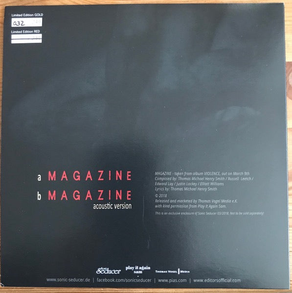 Image of Back Cover of 7" - VG+/VG+ - EDITORS, Magazine / Acoustic Version (Sonic Seducer; none, Germany 2018, Picture Sleeve, Gold Vinyl ,Numbered Limited Edition of 249), 246/249,  - 3456003S
