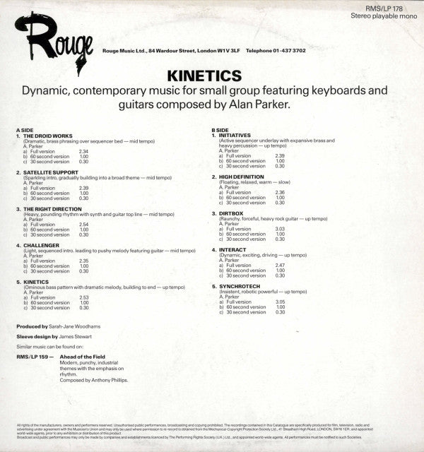 Image of Back Cover of LP - VG+/EX - ALAN PARKER, Kinetics (Rouge; RMS/LP 178, UK 1988), ,  - 3426078E