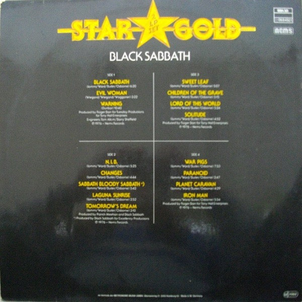 Image of Back Cover of 2xLP - VG/G+ - BLACK SABBATH, Star Gold (NEMS; 0084.501, Germany 1977, Gatefold), Some hairline marks. Sleeve a little worn round the edges. ,  - 3416331C