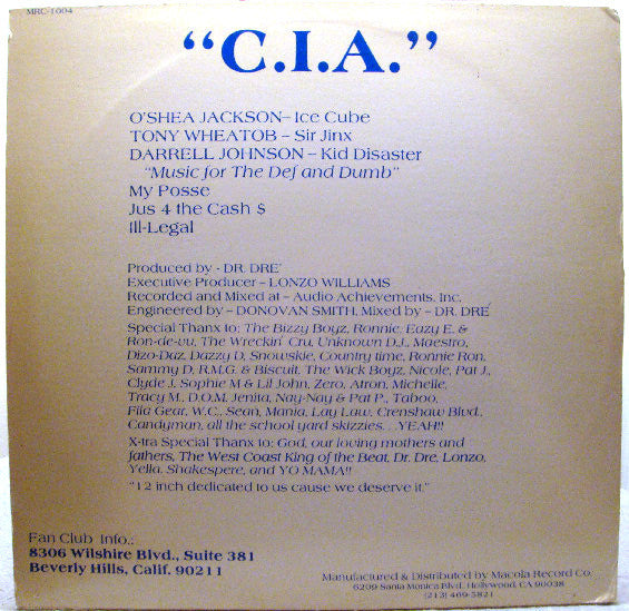 Image of Back Cover of 12" - VG+/VG - C.I.A., Cru' In Action! (Kru-Cut Records ; MRC-1004, US 1987, Picture Sleeve), ,  - 3446218S