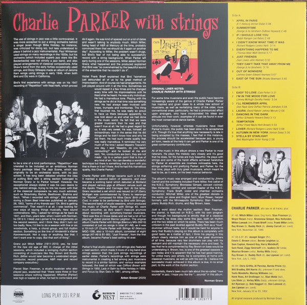 Image of Back Cover of LP - VG+/VG+ - CHARLIE PARKER WITH STRINGS, Charlie Parker With Strings (Bird's Nest; 840110, Europe 2020 Reissue, Blue Vinyl; 180g), ,  - 3416362C