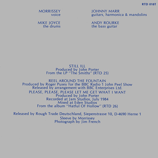 Image of Back Cover of LP - VG/VG+ - THE SMITHS, Still Ill (Rough Trade; RTD 018T, Germany 1984, P.R. Records Pressing), a few feint hairlines, light edge wear,  - 3446184S
