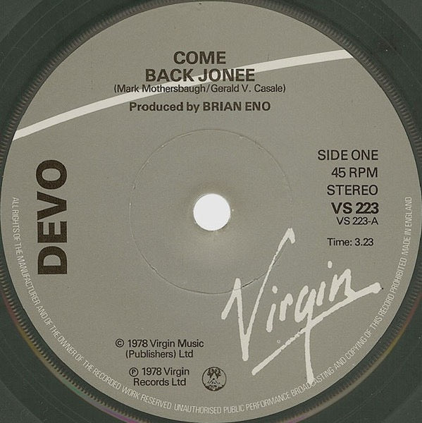 Image of Label Cover of 7" - VG/VG - DEVO, Come Back Jonee (Virgin Solid Centre Grey Labels With White Text Logo; VS 223, UK 1978, Stickered Picture Sleeve, Grey Vinyl), Strong VG, Head sticker stuck neatly to sleeve,  - 3416343C