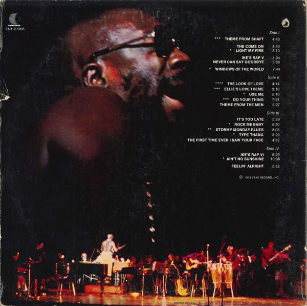 Image of Back Cover of 2xLP - G+/VG - ISAAC HAYES, Live At The Sahara Tahoe (Enterprise; ENS-2-5005, US 1973, Die Cut Gatefold Sleeve), Some wear / light damage on sleeve corners, along opening and spine, and at corners of die-cut doors,  - 3416415C