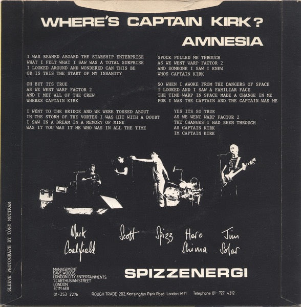 Image of Back Cover of 7" - VG/VG - SPIZZENERGI, Where's Captain Kirk? (Rough Trade; RTSO 4, UK 1979, Picture Sleeve, S In Runouts), A few light wispy marks, Light ring wear to sleeve. ,  - 3416349C