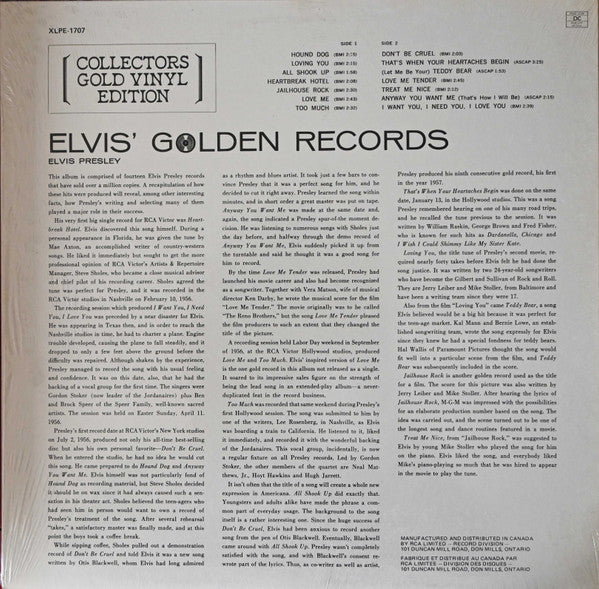 Image of Back Cover of LP - VG/VG+ - ELVIS PRESLEY, Elvis' Golden Records (RCA; XLPE-1707, Canada 1978 Reissue, No "Elvis" Company Inner, Transparent Gold Vinyl Collectors Edition. HKD Runout Side One), ,  - 3416395C