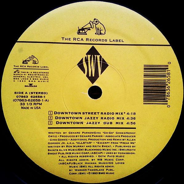 Image of Label Cover of 12" - VG/VG - SWV, Downtown / Right Here (Human Nature) (RCA; 07863 62658-1, US 1993, Picture Sleeve), Sleeve has hype stickered shrink. Wear and small rips along opening,  - 3416420C