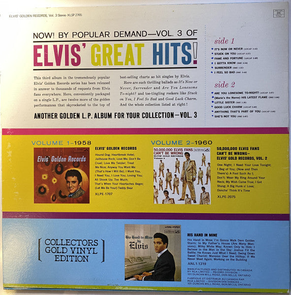 Image of Back Cover of LP - VG/VG - ELVIS PRESLEY, Elvis' Golden Records - Volume 3 (RCA Victor; XLSP-2765, Canada 1978 Reissue, No "Elvis" Company Inner, Transparent Gold Vinyl Collectors Edition), ,  - 3416396C