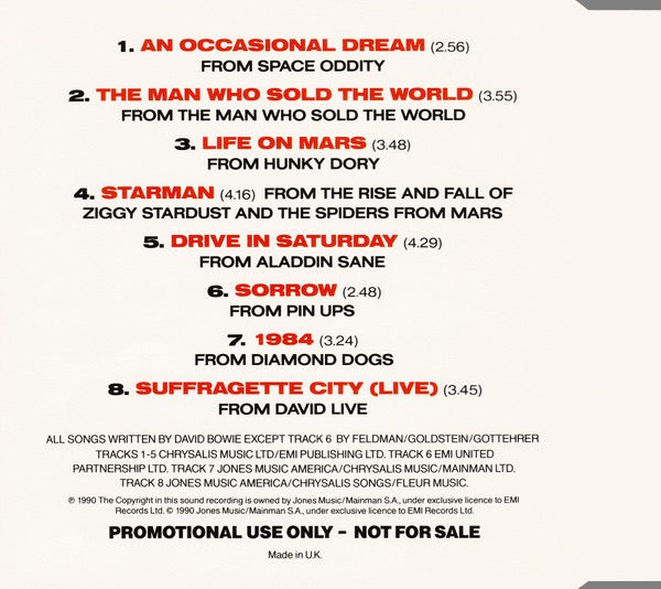 Image of Back Cover of CD - VG+/VG+ - DAVID BOWIE, So Far...1990 (EMI ; BOW 908, UK 1990, CD Single Case), Promo,  - 3416339C