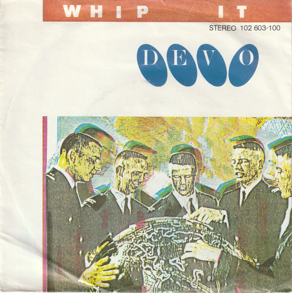 Image of Front Cover of 7" - VG/VG - DEVO, Whip It (Virgin Green & Red Labels With Stemra Box; 102 603, Benelux 1980, Picture Sleeve, Large Centre), Sleeve intact but a little worn. ,  - 3416351C