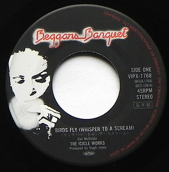 Image of Label Cover of 7" - VG/VG+ - THE ICICLE WORKS, Birds Fly (Whisper To A Scream) / In The Cauldron Of Love (Beggars Banquet; VIPX-1768, Japan 1984, Promo, Single Sheet Sleeve), ,  - 3416352C