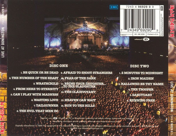 Image of Back Cover of 2xCD - VG+/VG+ - IRON MAIDEN, Live At Donington (EMI; 7243 4 96929 0 9, Europe 1998 Reissue, Double CD Case), ,  - 3416481C
