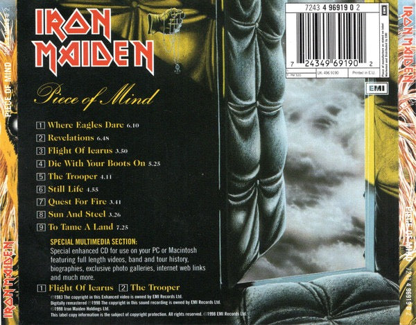 Image of Back Cover of CD - VG+/VG - IRON MAIDEN, Piece Of Mind (EMI; 7243 4 96919 0 2, Europe 1998 Reissue, Jewel Case), ,  - 3416482C